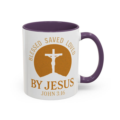 Inspirational Accent Coffee Mug - Blessed, Saved, Loved by Him | John 3:16