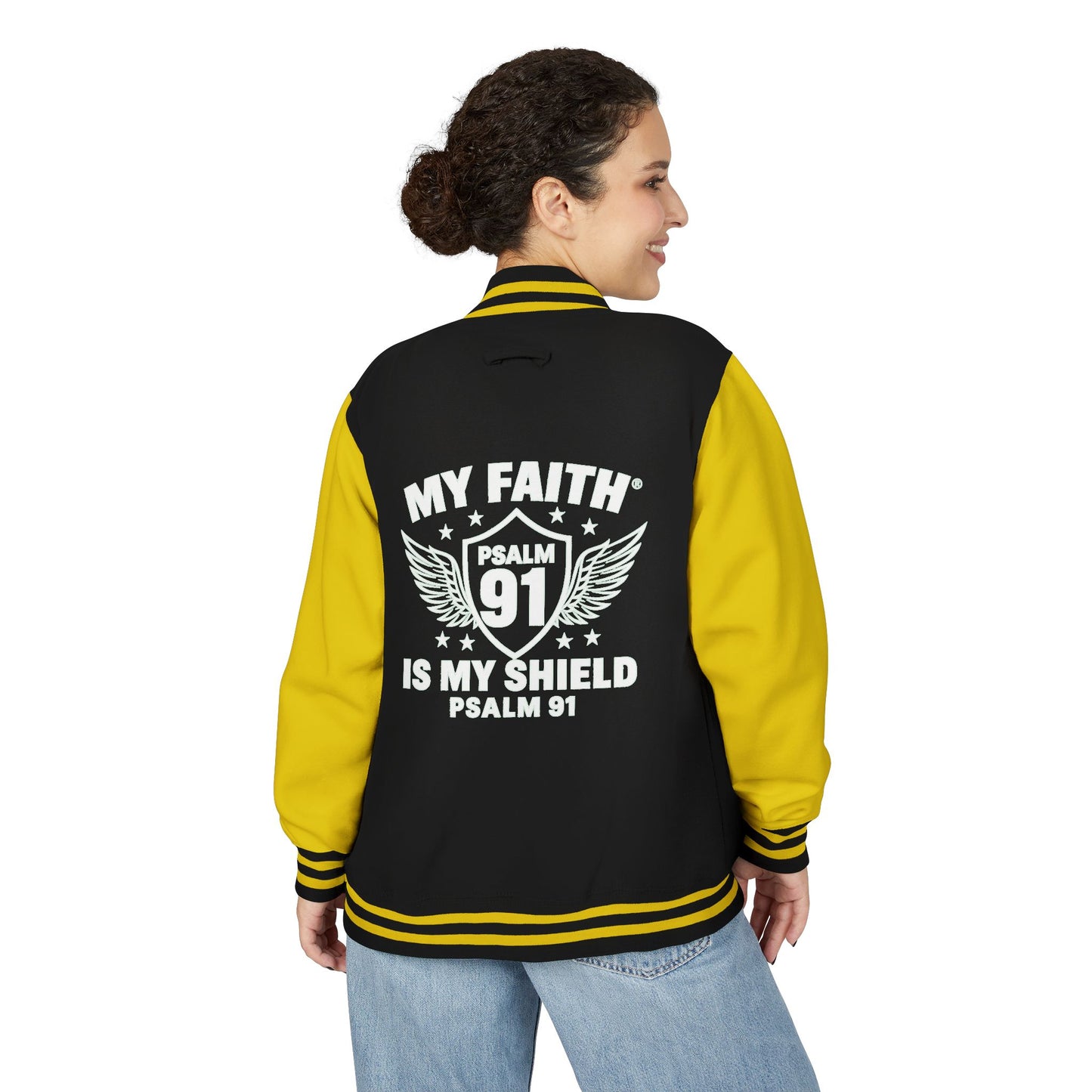Letterman Jacket — “My Faith Is My Shield” 91 Vintage Varsity Jacket - ClaimedbyGodDesigns