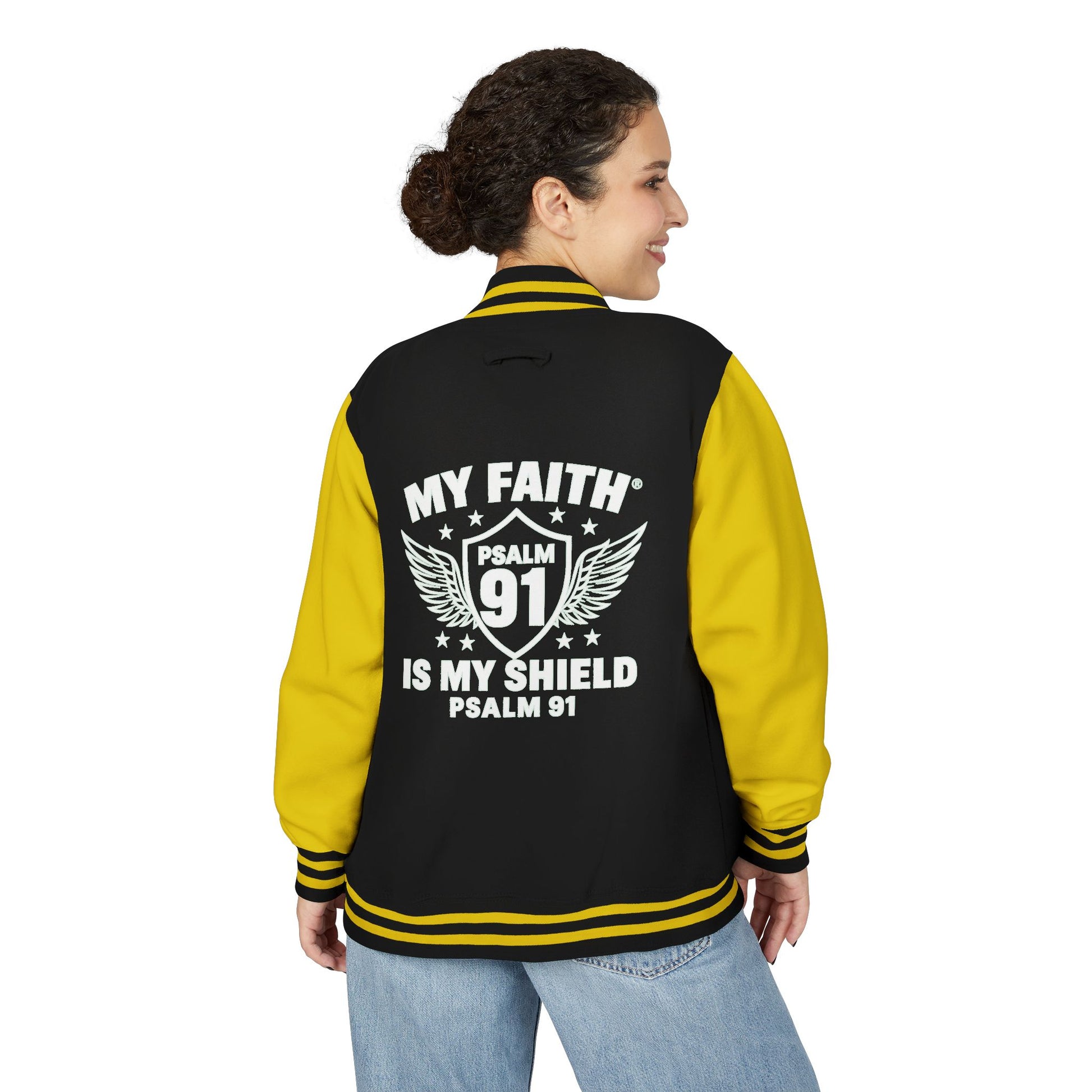 Letterman Jacket — “My Faith Is My Shield” 91 Vintage Varsity Jacket - ClaimedbyGodDesigns