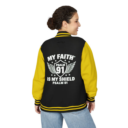 Letterman Jacket — “My Faith Is My Shield” 91 Vintage Varsity Jacket - ClaimedbyGodDesigns