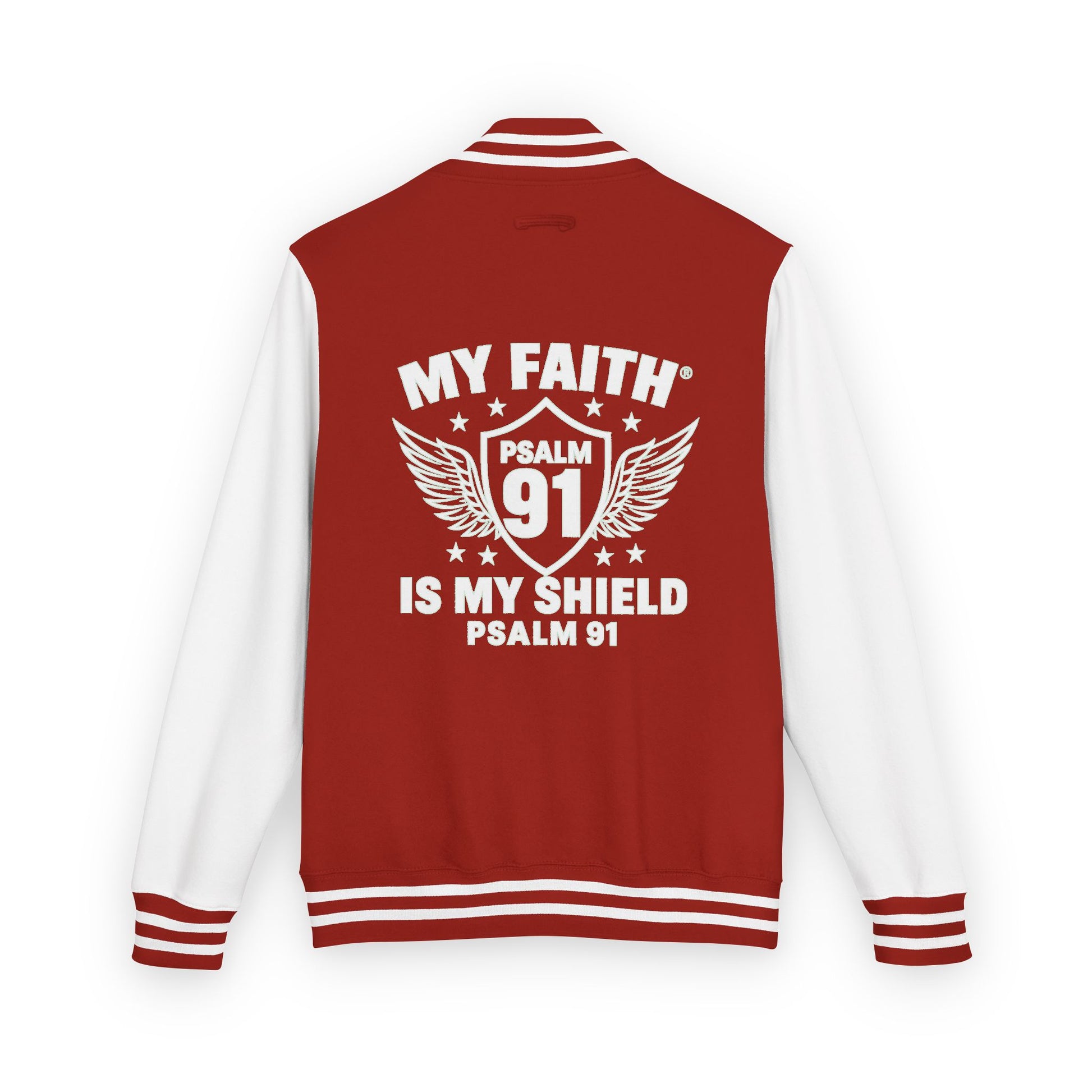Letterman Jacket — “My Faith Is My Shield” 91 Vintage Varsity Jacket - ClaimedbyGodDesigns