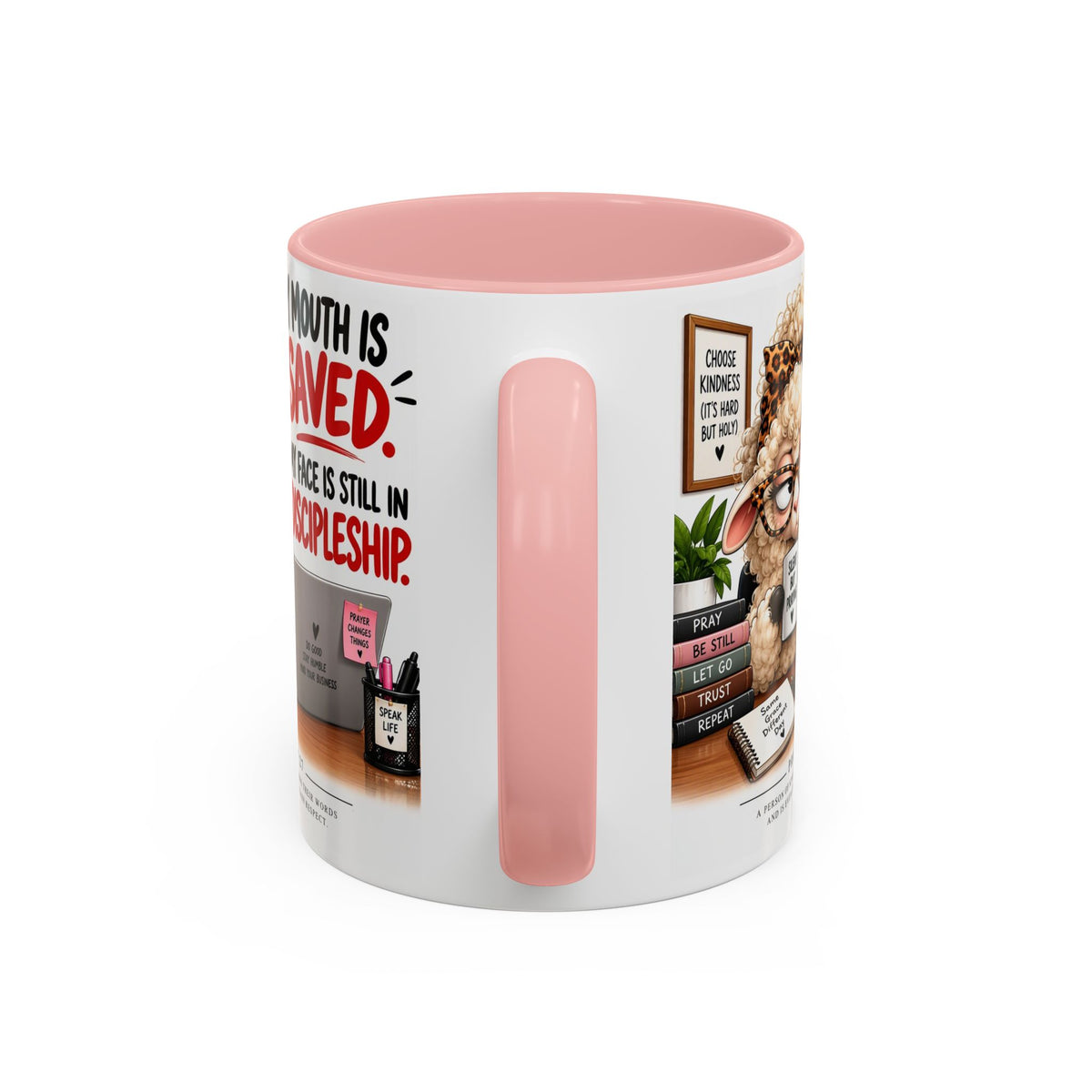 Saved & Sassy Sheep Coffee Mug — "My Mouth Is Saved, My Face Is Still In Discipleship" Accent Mug