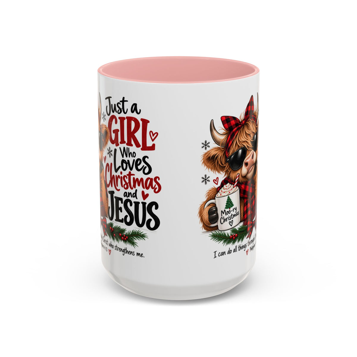 Just a Girl Who Loves Christmas and Jesus Highland Cow Coffee Mug