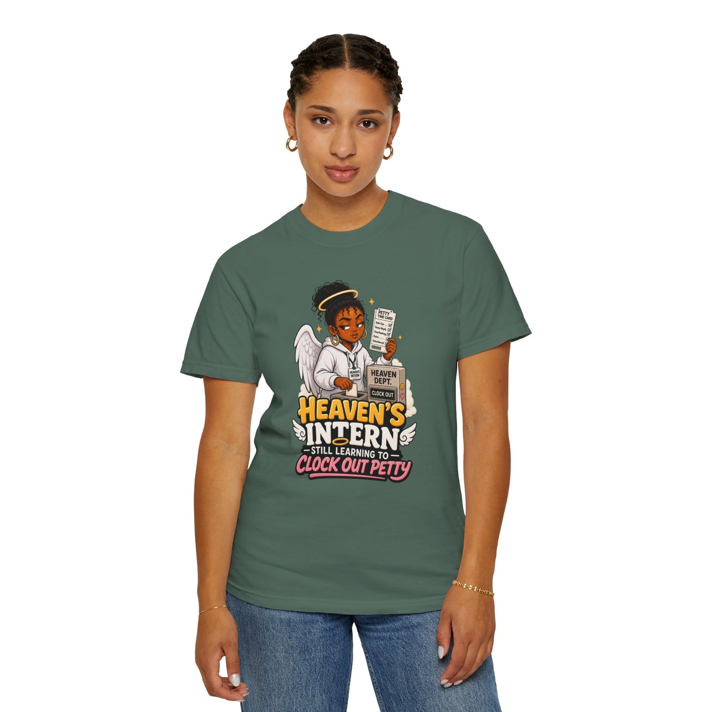 Heaven's Intern T-shirt – Funny Angel Nurse Tee ('Still Learning to Clock Out Petty')
