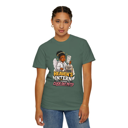 Heaven's Intern T-shirt – Funny Angel Nurse Tee ('Still Learning to Clock Out Petty')