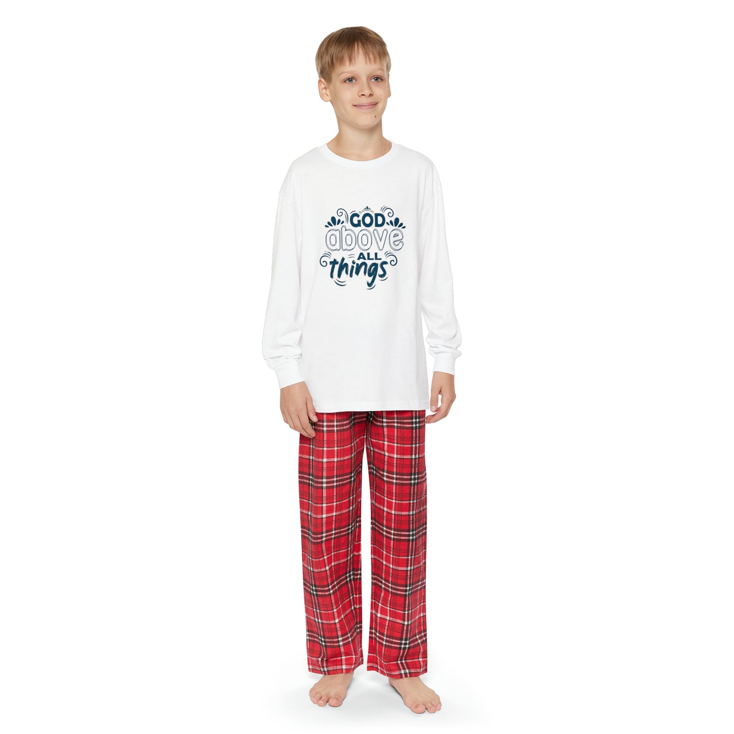 God Above All Things Youth Christian Long Sleeve Pajama Set Printify