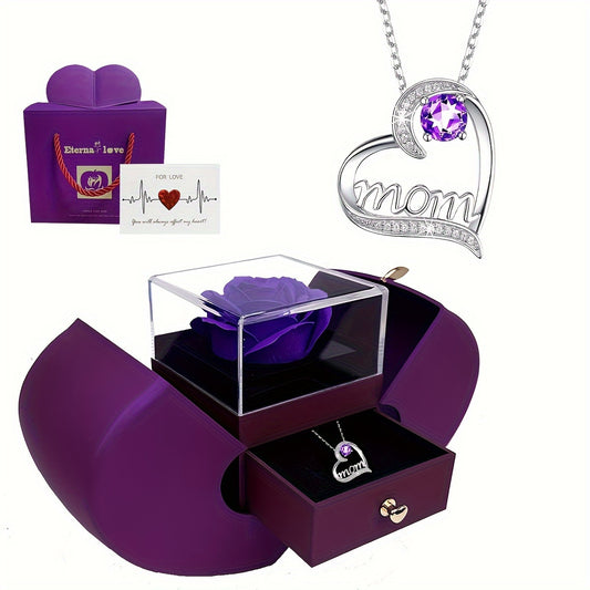 1pc  Mom Heart Shape Exquisite Pendant Necklace In Purple Soap Flower Rose Gift Box Christian Mother's Day Gift claimedbygoddesigns