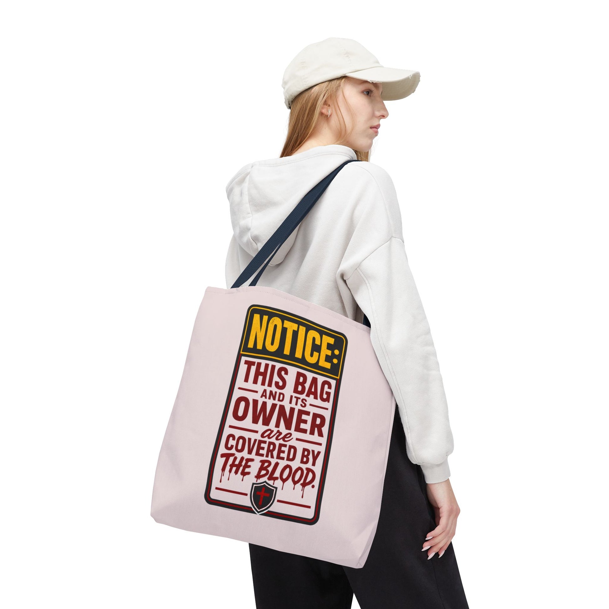 Tote Bag — "NOTICE: This Bag and Its Owner Are Covered by the Blood" Christian Faith Tote - ClaimedbyGodDesigns