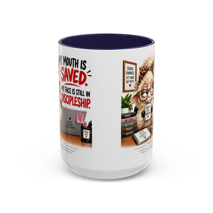 Saved & Sassy Sheep Coffee Mug — "My Mouth Is Saved, My Face Is Still In Discipleship" Accent Mug