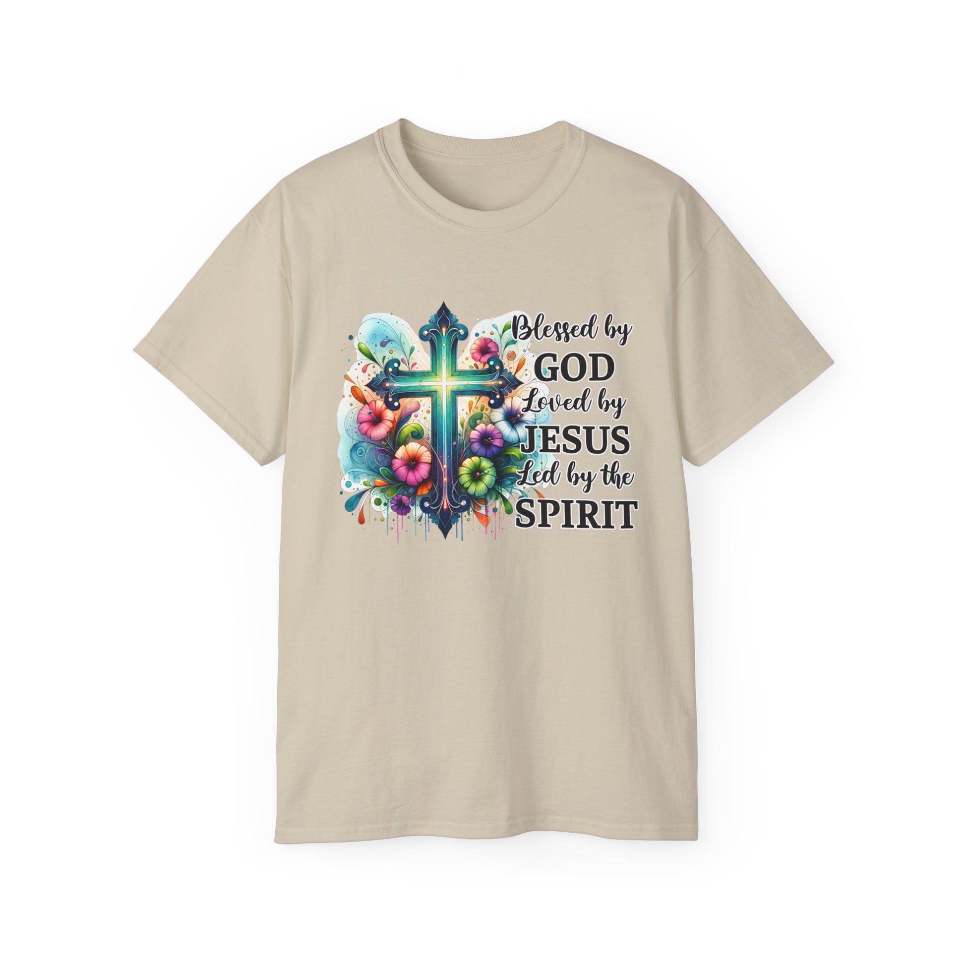 BLESSED BY GOD LOVED BY JESUS LED BY THE HOLY SPIRIT Unisex Christian Ultra Cotton Tee Printify