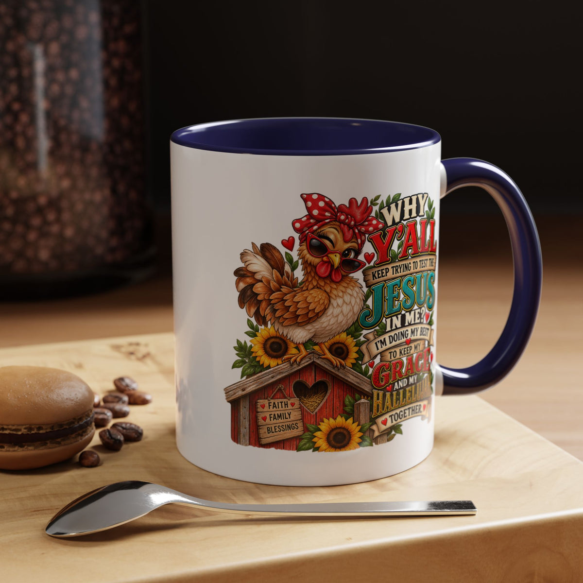 Christian Farmhouse Coffee Mug — "Why Y'all Keep Trying to Put Jesus in Me?" Accent Mug
