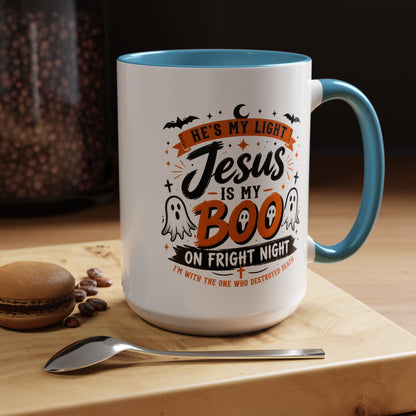 Christian Coffee Mug — "He's My Light, Jesus Is My Boo" Halloween Accent Mug