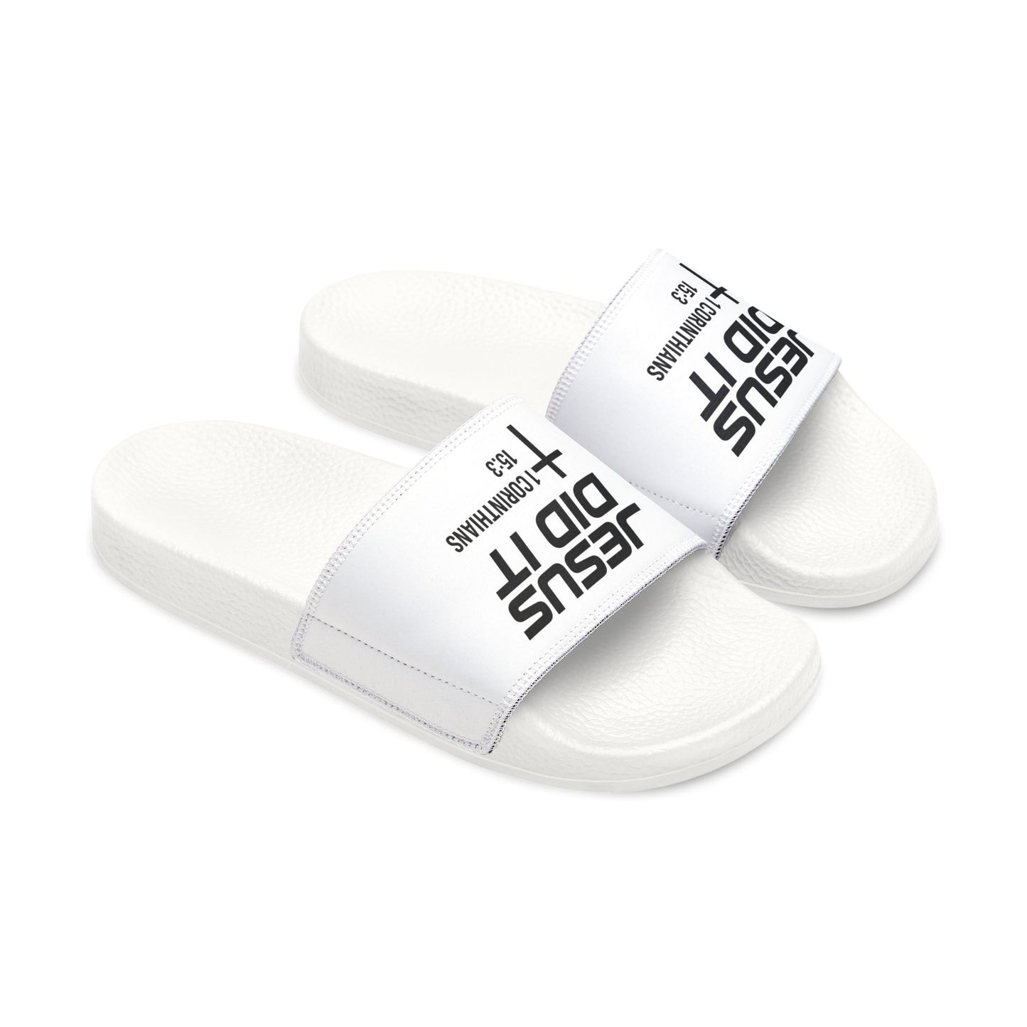 He Did It Men's Christian Slide Sandals — Christian Scripture 1 Corinthians 15:3 Pool Slides