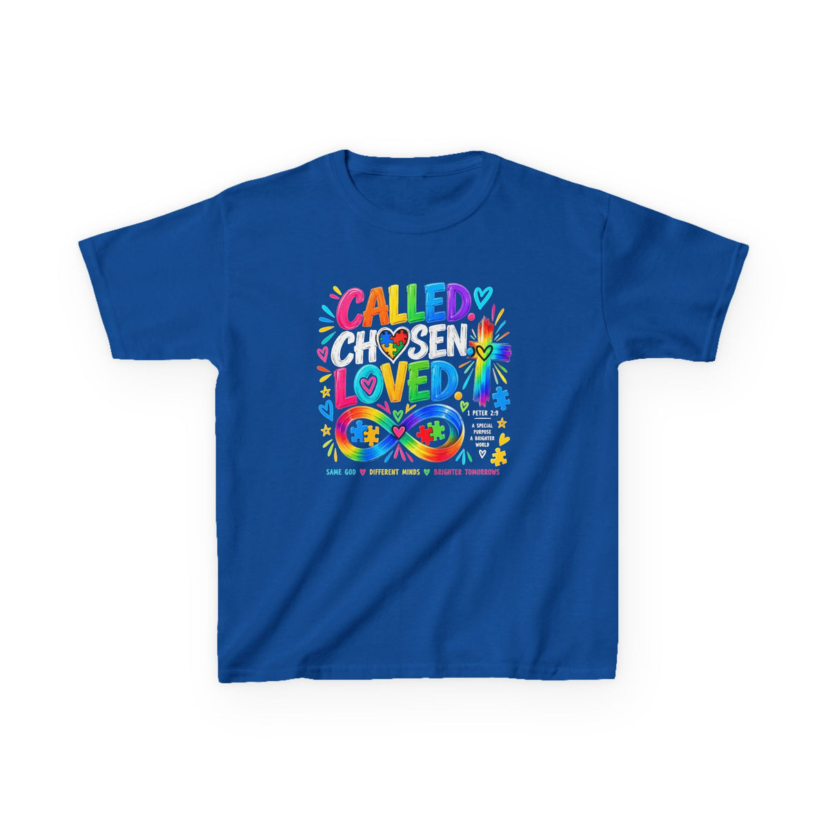 Youth Autism Awareness T-Shirt — "Called Chosen Loved" Colorful Faith Tee