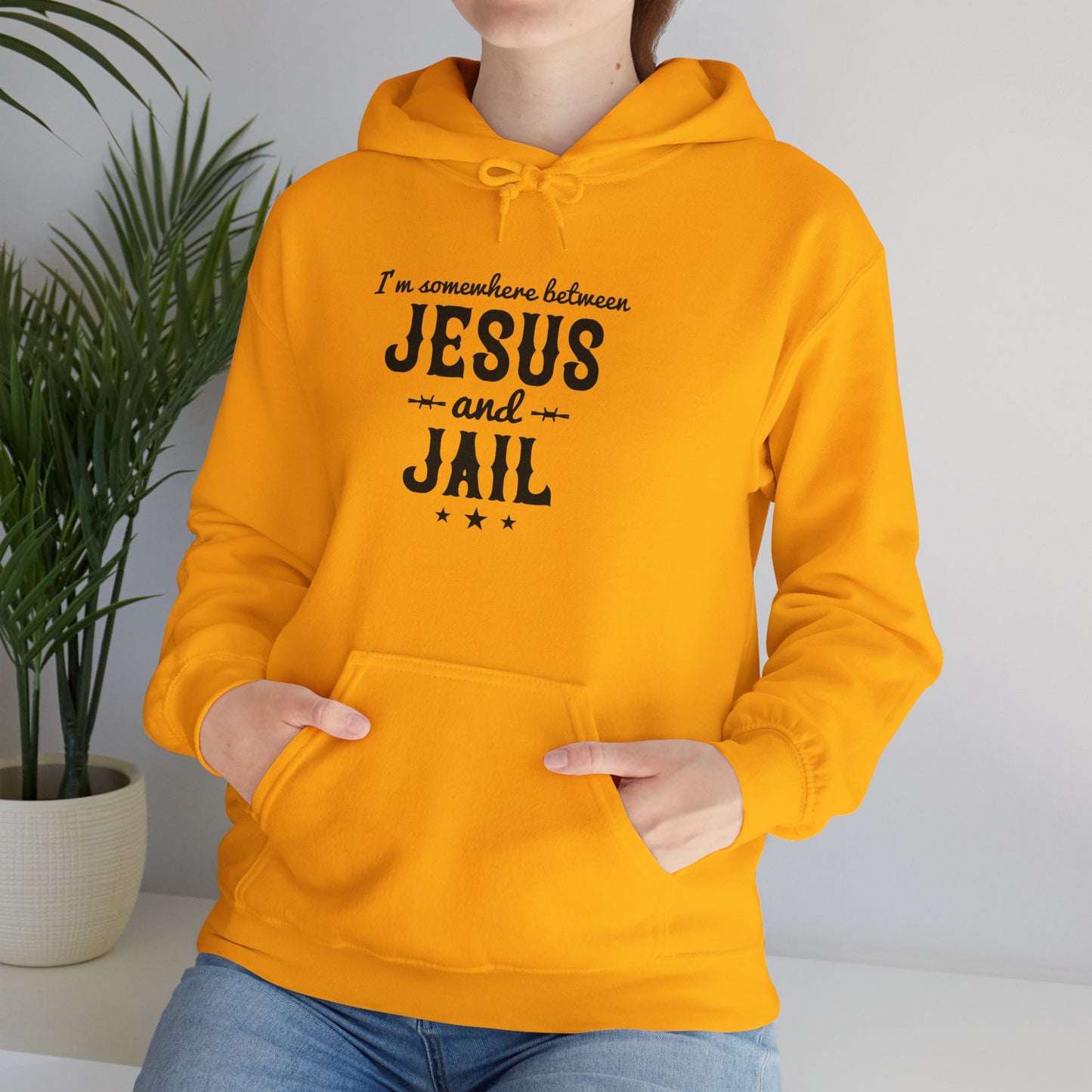 I'm Somewhere Between Jesus And Jail Funny Unisex Christian Hooded Pullover Sweatshirt