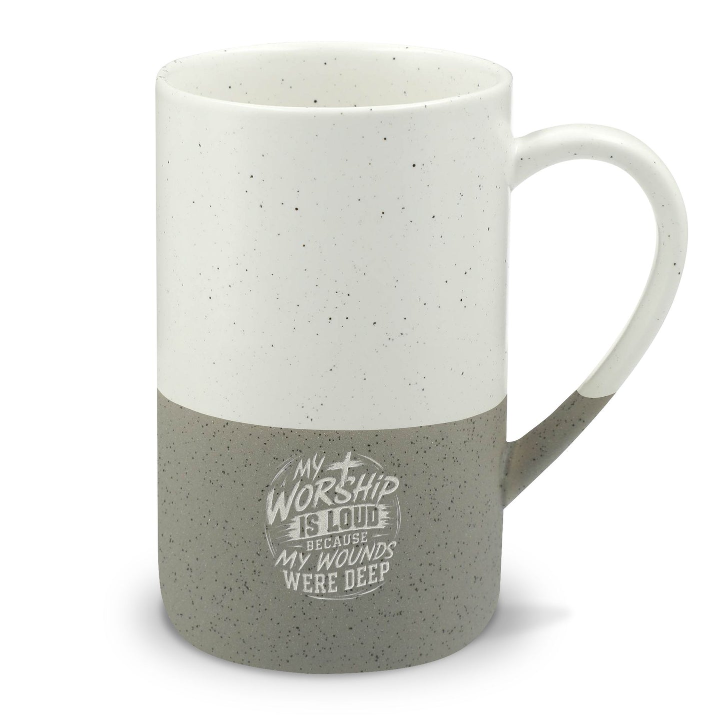 Speckled Two-Tone Christian Ceramic Mug — "My Worship Is Loud Because My Wounds Were Deep" Engraved 13oz