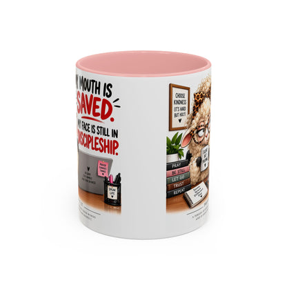 Saved & Sassy Sheep Coffee Mug — "My Mouth Is Saved, My Face Is Still In Discipleship" Accent Mug