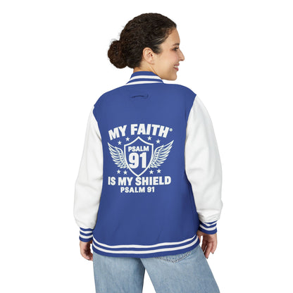 Letterman Jacket — “My Faith Is My Shield” 91 Vintage Varsity Jacket - ClaimedbyGodDesigns