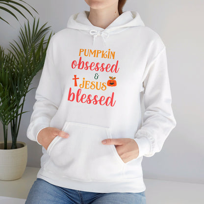 Pumpkin Obsessed And Blessed by Him Halloween Unisex Christian Pullover Hooded Sweatshirt