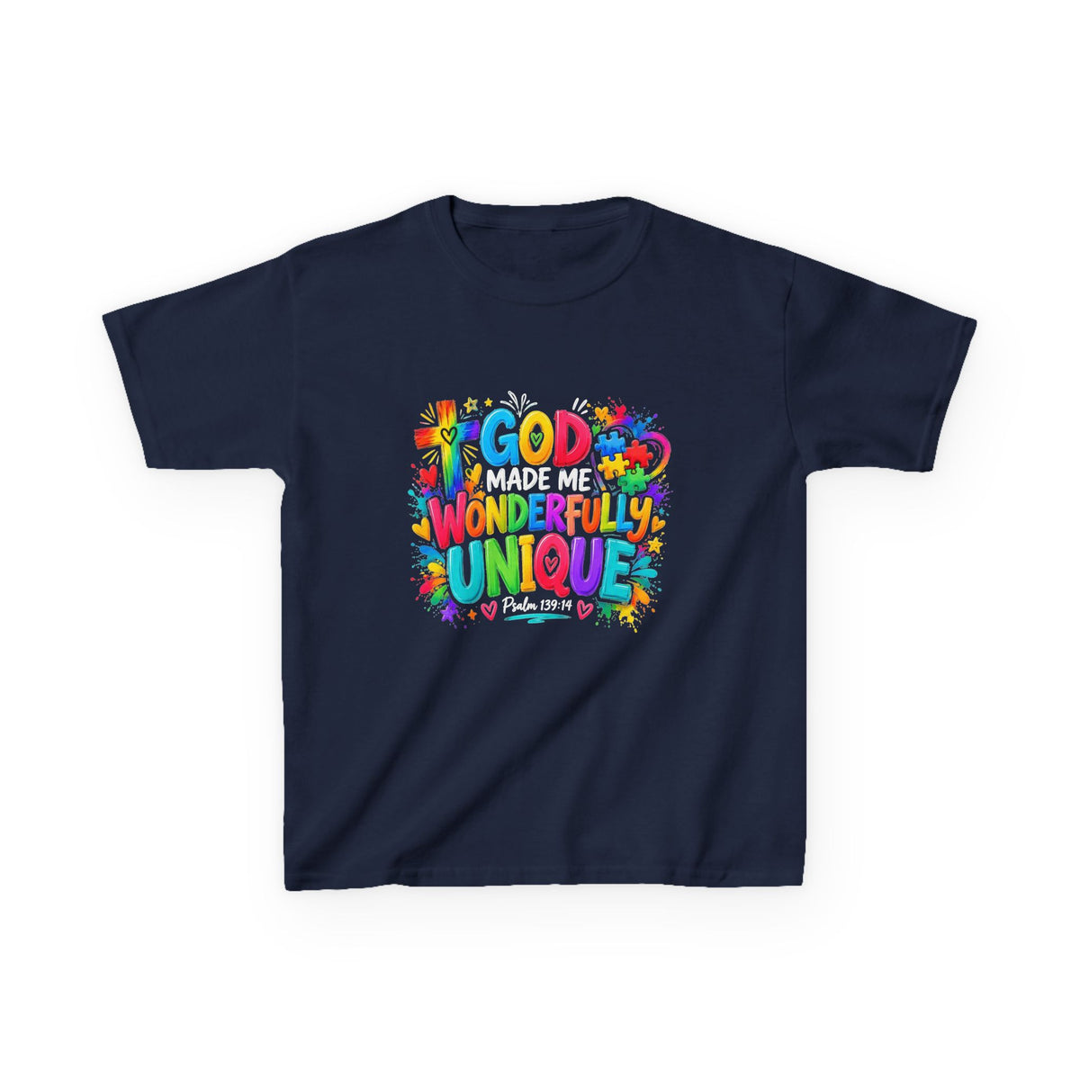 Youth Autism Awareness T-Shirt — "God Made Me Wonderfully Unique" Colorful Faith Tee