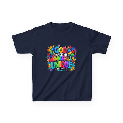 Youth Autism Awareness T-Shirt — "God Made Me Wonderfully Unique" Colorful Faith Tee