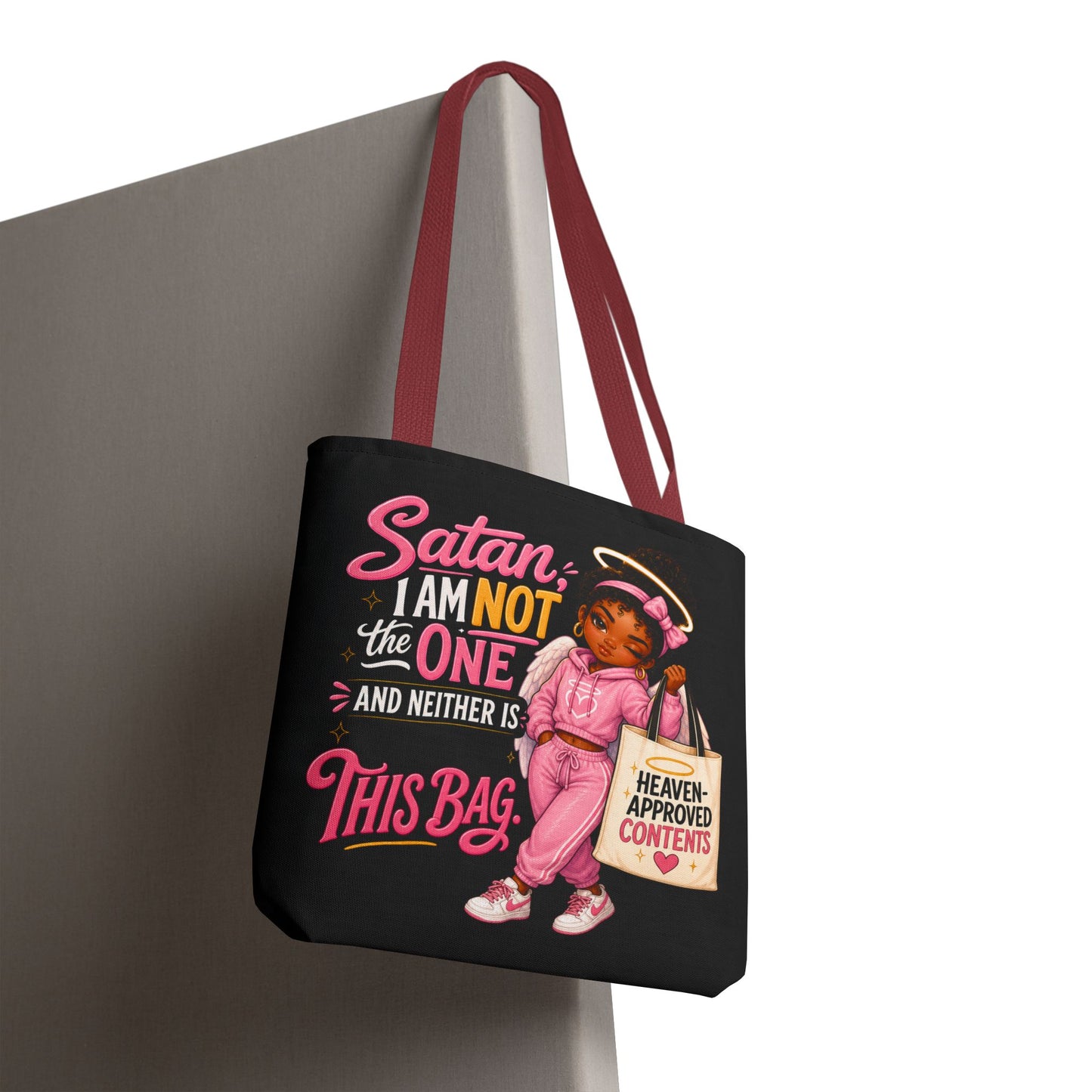 Tote Bag — "Satan I Am Not The One" Retro Angel Girl Tote (Heaven Approved Content) - ClaimedbyGodDesigns