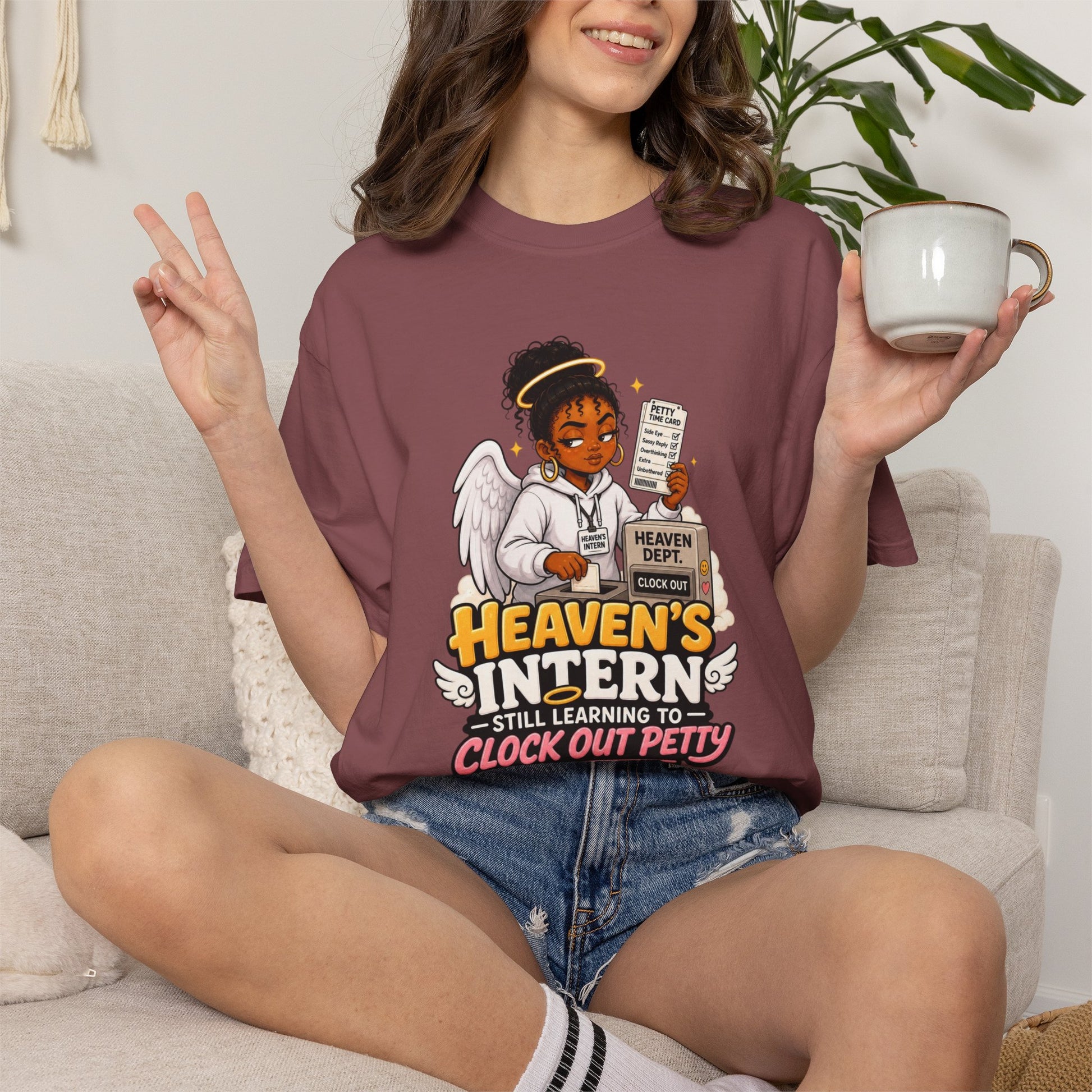 Heaven's Intern T-shirt – Funny Angel Nurse Tee ('Still Learning to Clock Out Petty') - ClaimedbyGodDesigns