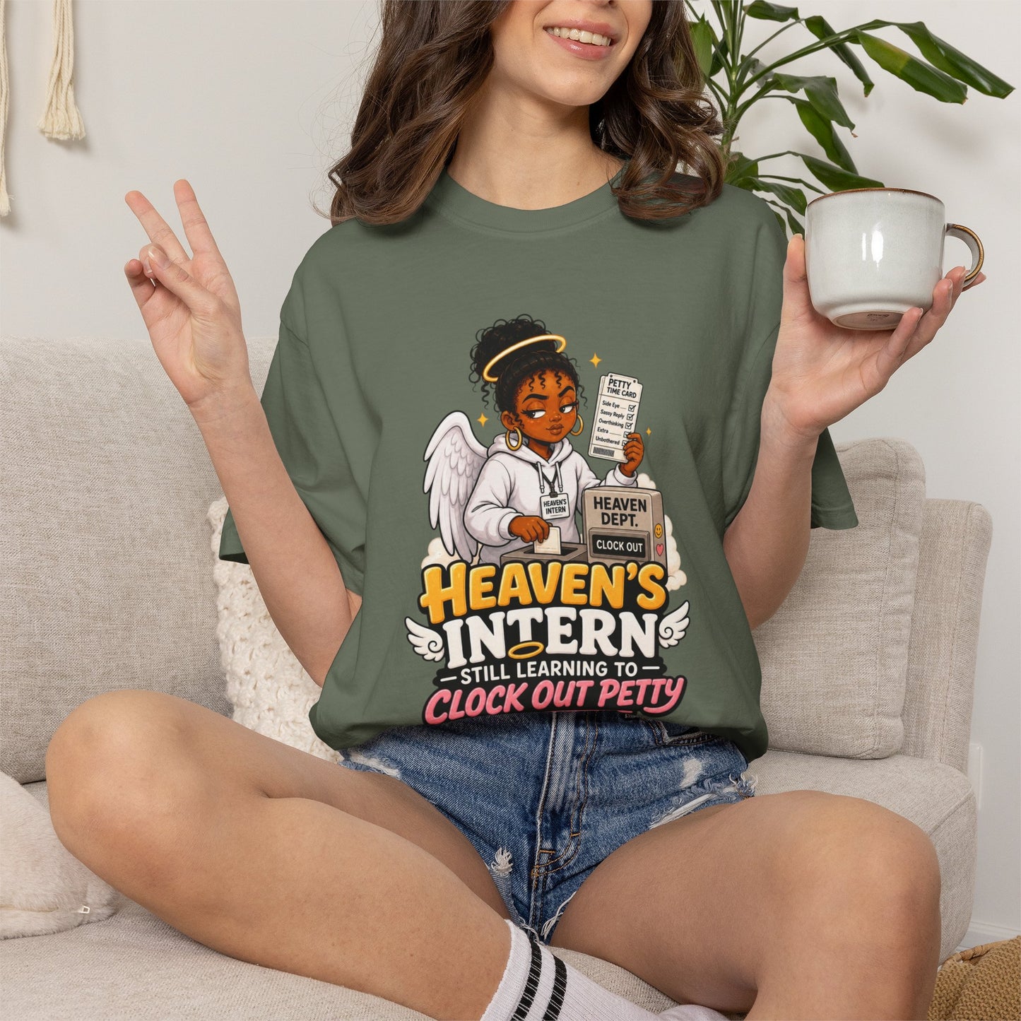 Heaven's Intern T-shirt – Funny Angel Nurse Tee ('Still Learning to Clock Out Petty') - ClaimedbyGodDesigns