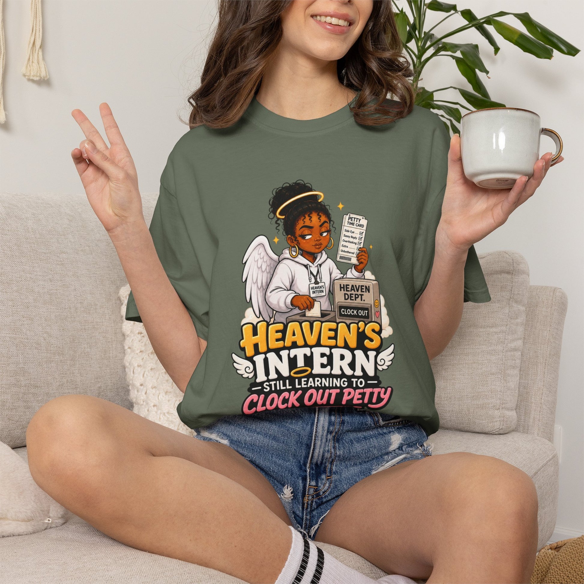 Heaven's Intern T-shirt – Funny Angel Nurse Tee ('Still Learning to Clock Out Petty') - ClaimedbyGodDesigns