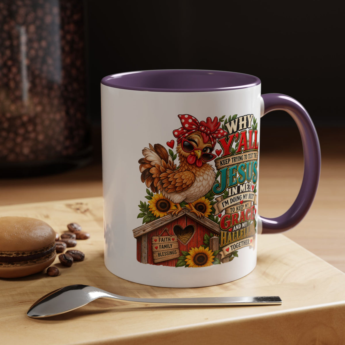 Christian Farmhouse Coffee Mug — "Why Y'all Keep Trying to Put Jesus in Me?" Accent Mug