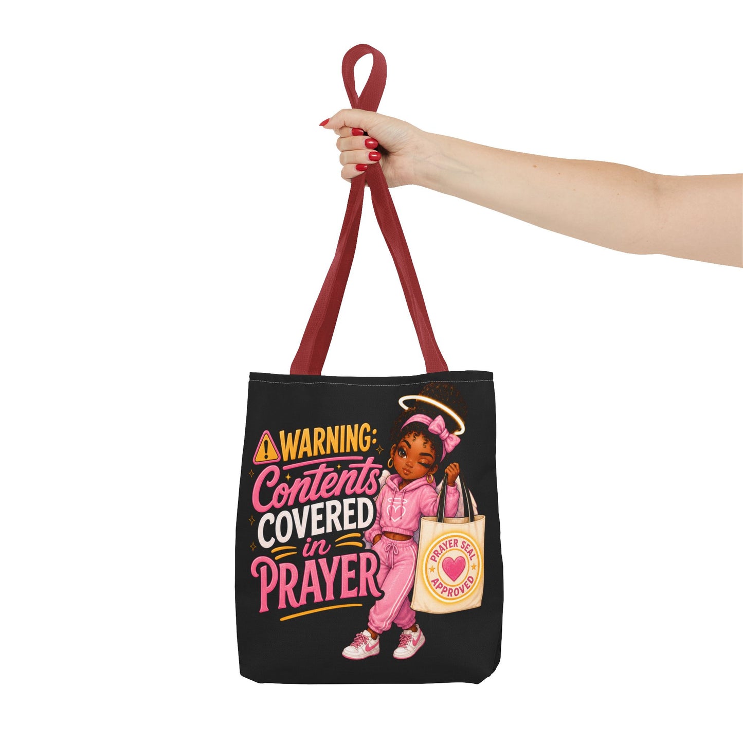 Tote Bag — "Warning: Contents Covered in Prayer" Pink Faith Tote - ClaimedbyGodDesigns