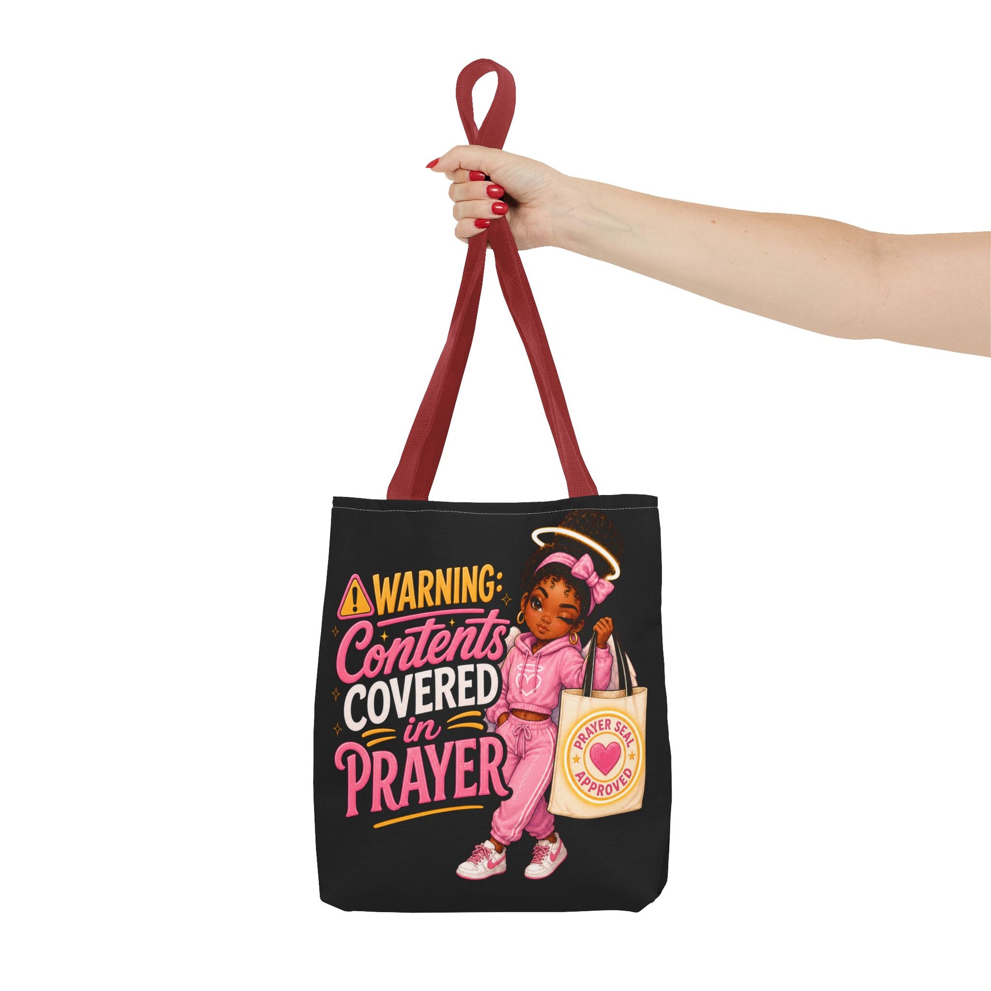 Tote Bag — "Warning: Contents Covered in Prayer" Pink Faith Tote - ClaimedbyGodDesigns