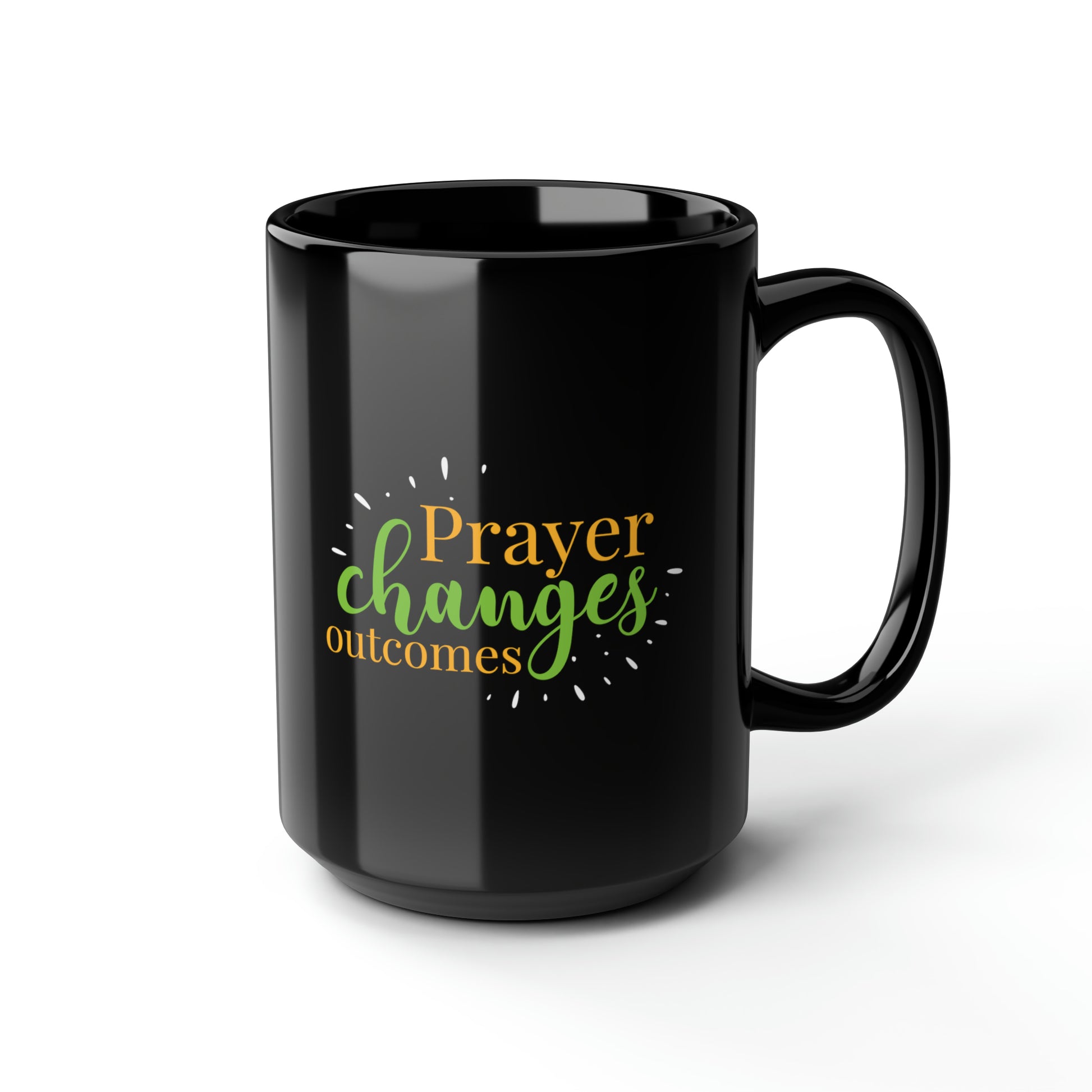 Prayer Changes Outcomes Christian Black Ceramic Mug, 15oz (double sided print) Printify