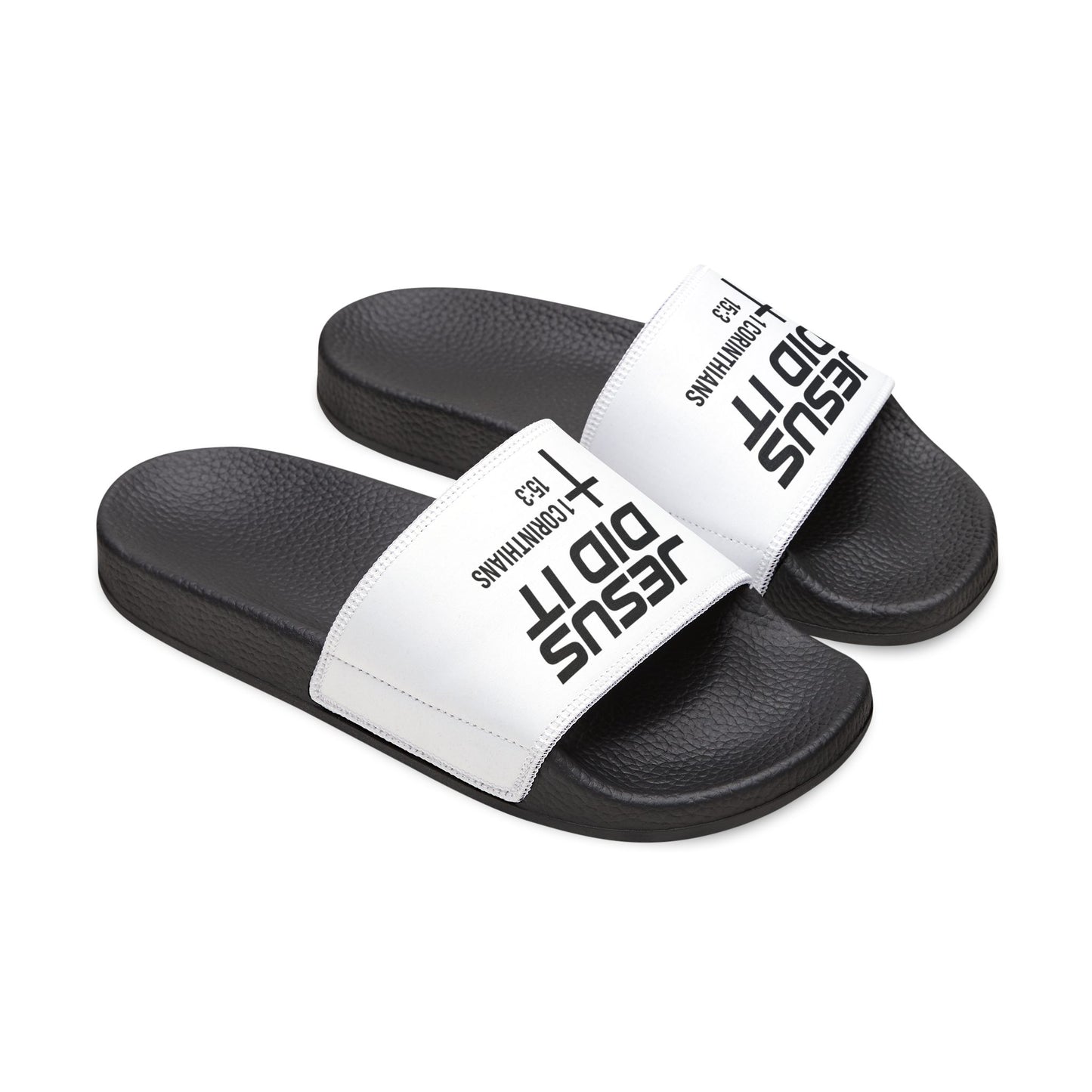 He Did It Women's Christian Slide Sandals — Christian Scripture 1 Corinthians 15:3 Pool Slides