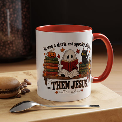 Halloween Christian Coffee Mug — “It Was a Dark and Spooky Night… Then Jesus” Accent Mug