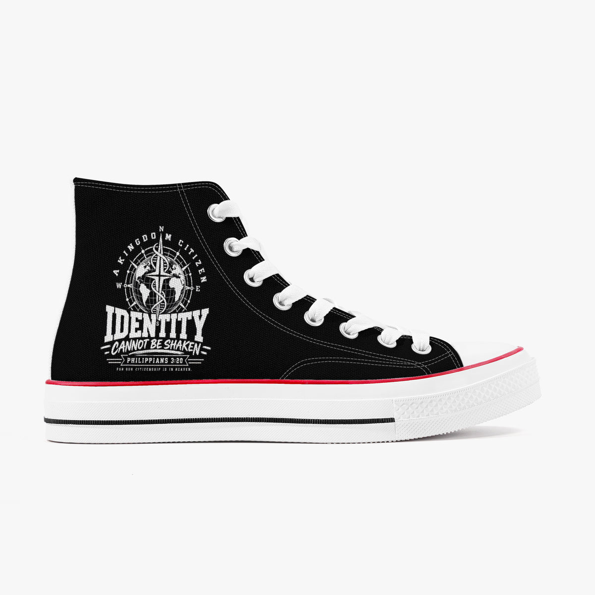 Identity Cannot Be Shaken unisex Christian high-top canvas sneakers, view 5