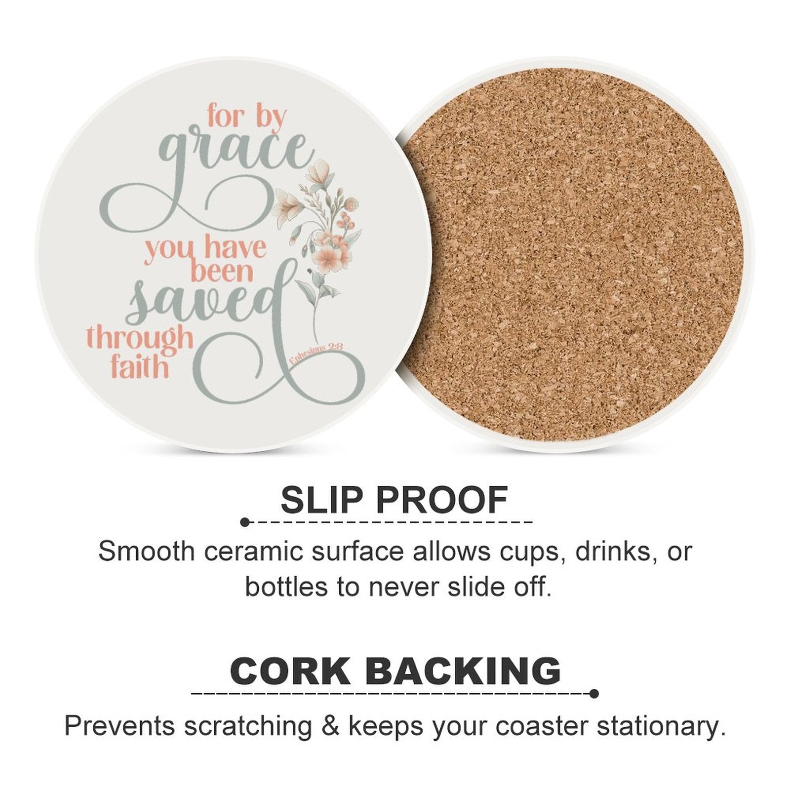 Saved Through Faith Christian Round Ceramic Coaster - ClaimedbyGodDesigns