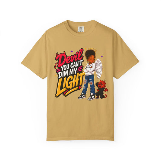 Devil You Can't Dim My Light T-Shirt — Afro Angel Graphic Tee - ClaimedbyGodDesigns