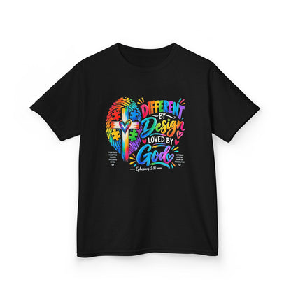 Youth Autism Awareness T-Shirt — "Different by Design, Loved by God" Colorful Cross Tee