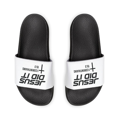 He Did It Women's Christian Slide Sandals — Christian Scripture 1 Corinthians 15:3 Pool Slides