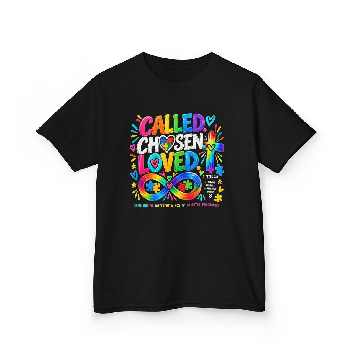Youth Autism Awareness T-Shirt — "Called Chosen Loved" Colorful Faith Tee