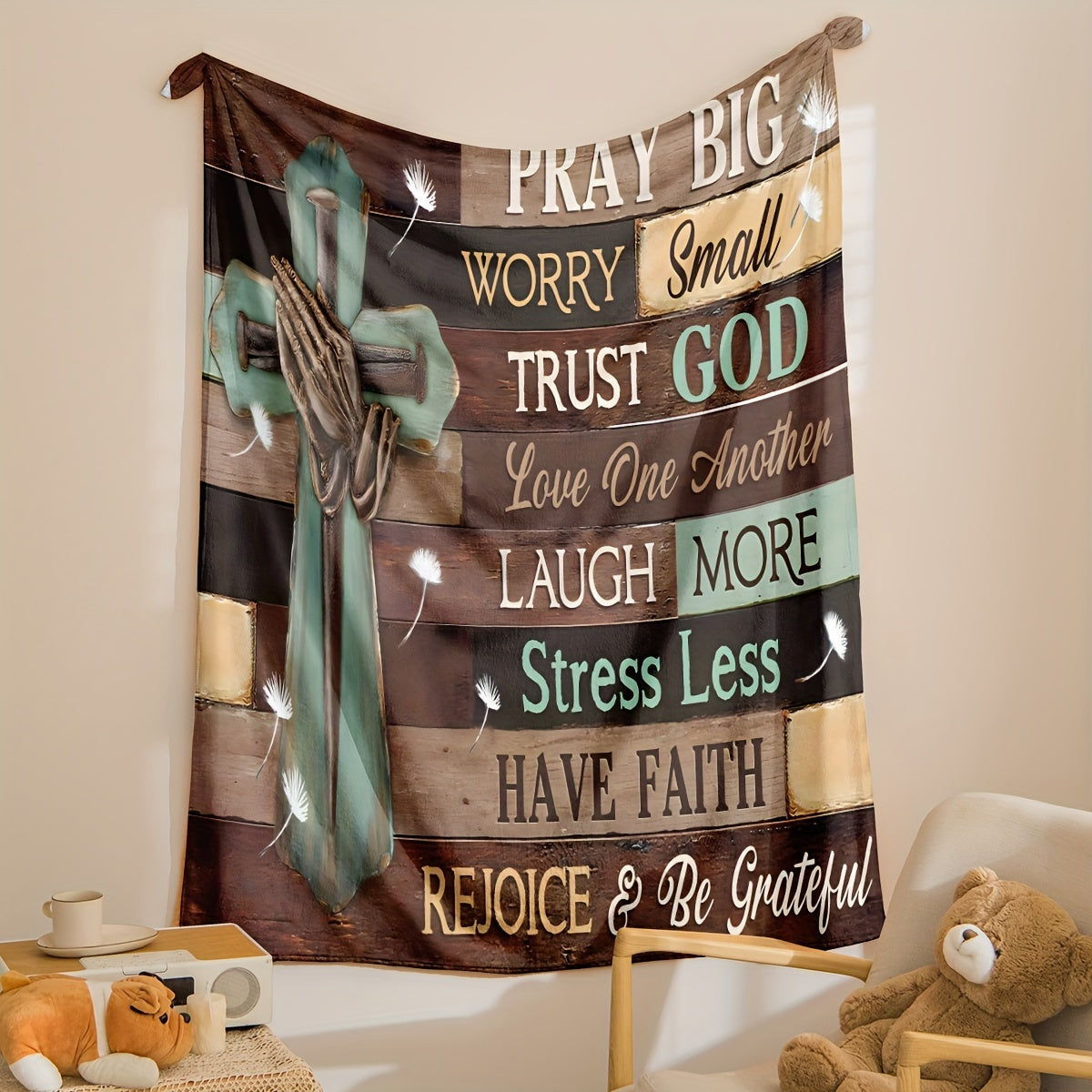Pray Big Rejoice & Be Grateful Christian Flannel Blanket claimedbygoddesigns