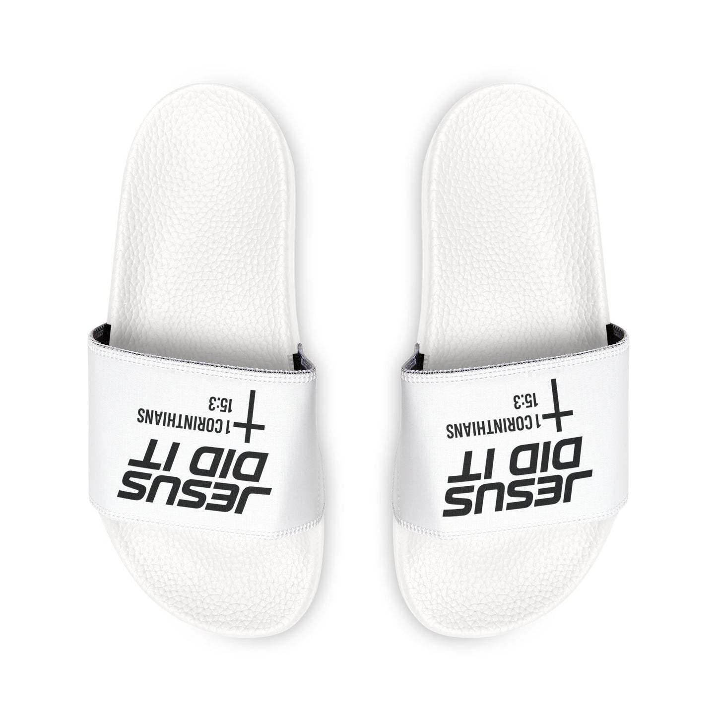 He Did It Men's Christian Slide Sandals — Christian Scripture 1 Corinthians 15:3 Pool Slides