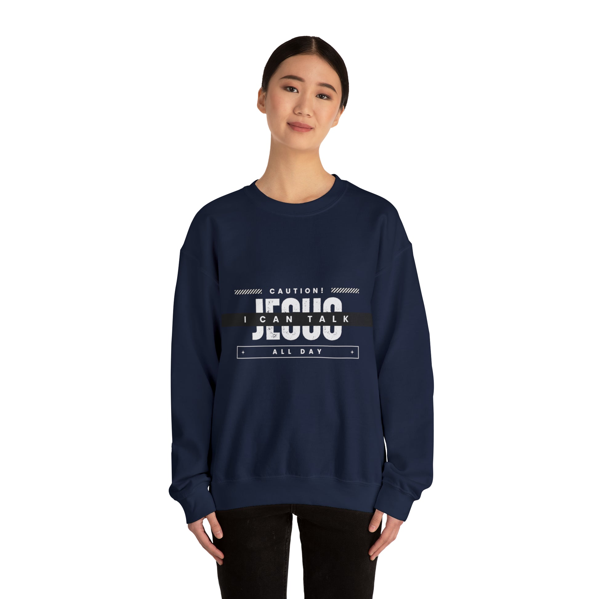 Caution I Can Talk Jesus All Day Unisex Heavy Blend™ Crewneck Sweatshirt Printify