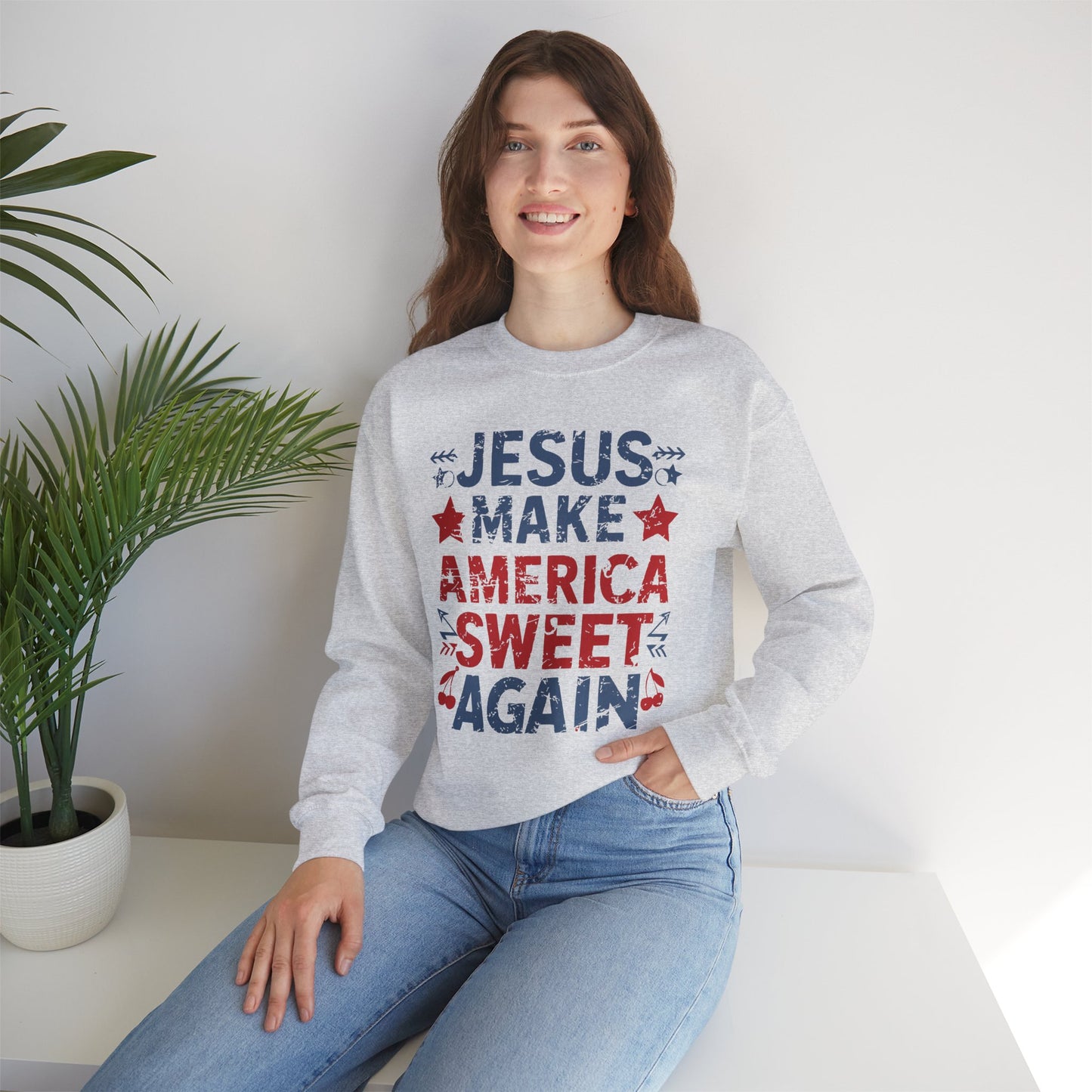 Jesus Make America Sweet Again Patriotic  Unisex Heavy Blend™ Crewneck Christian Sweatshirt