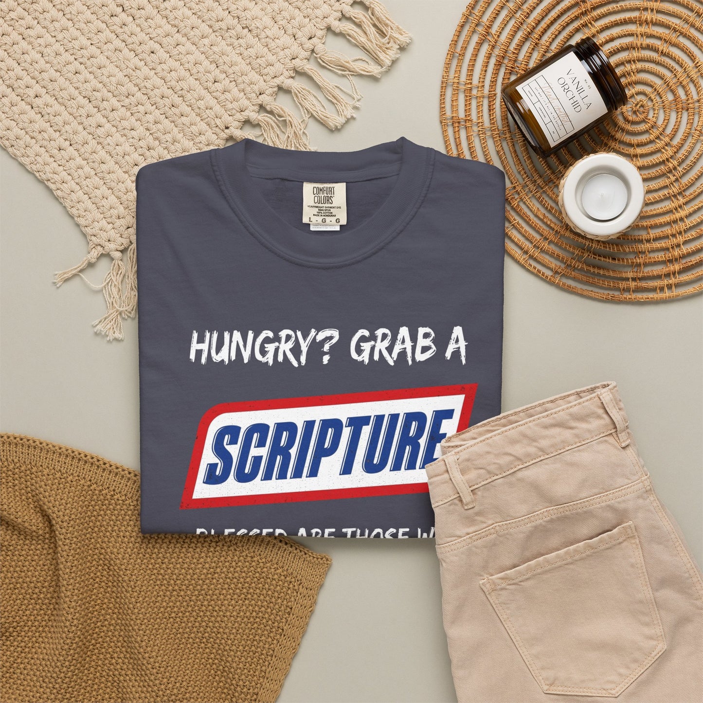 Scripture Snack T-Shirt — "Hungry? Grab a Scripture" Matthew 5:6 Christian Tee