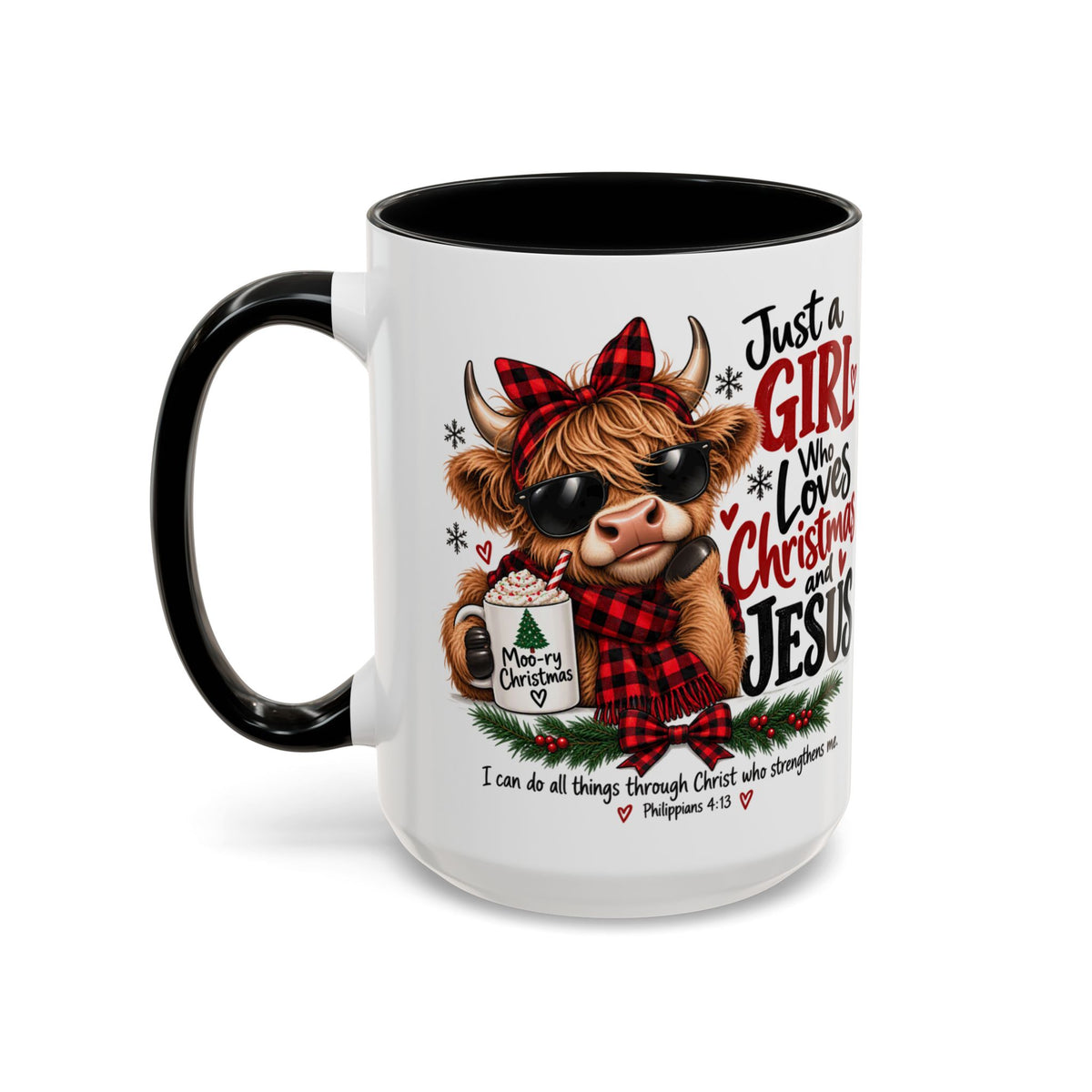 Just a Girl Who Loves Christmas and Jesus Highland Cow Coffee Mug