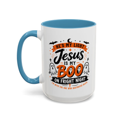 Christian Coffee Mug — "He's My Light, Jesus Is My Boo" Halloween Accent Mug
