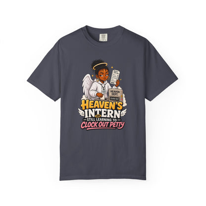 Heaven's Intern T-shirt – Funny Angel Nurse Tee ('Still Learning to Clock Out Petty') - ClaimedbyGodDesigns