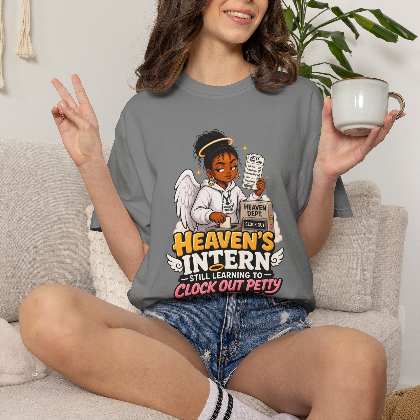Heaven's Intern T-shirt – Funny Angel Nurse Tee ('Still Learning to Clock Out Petty')